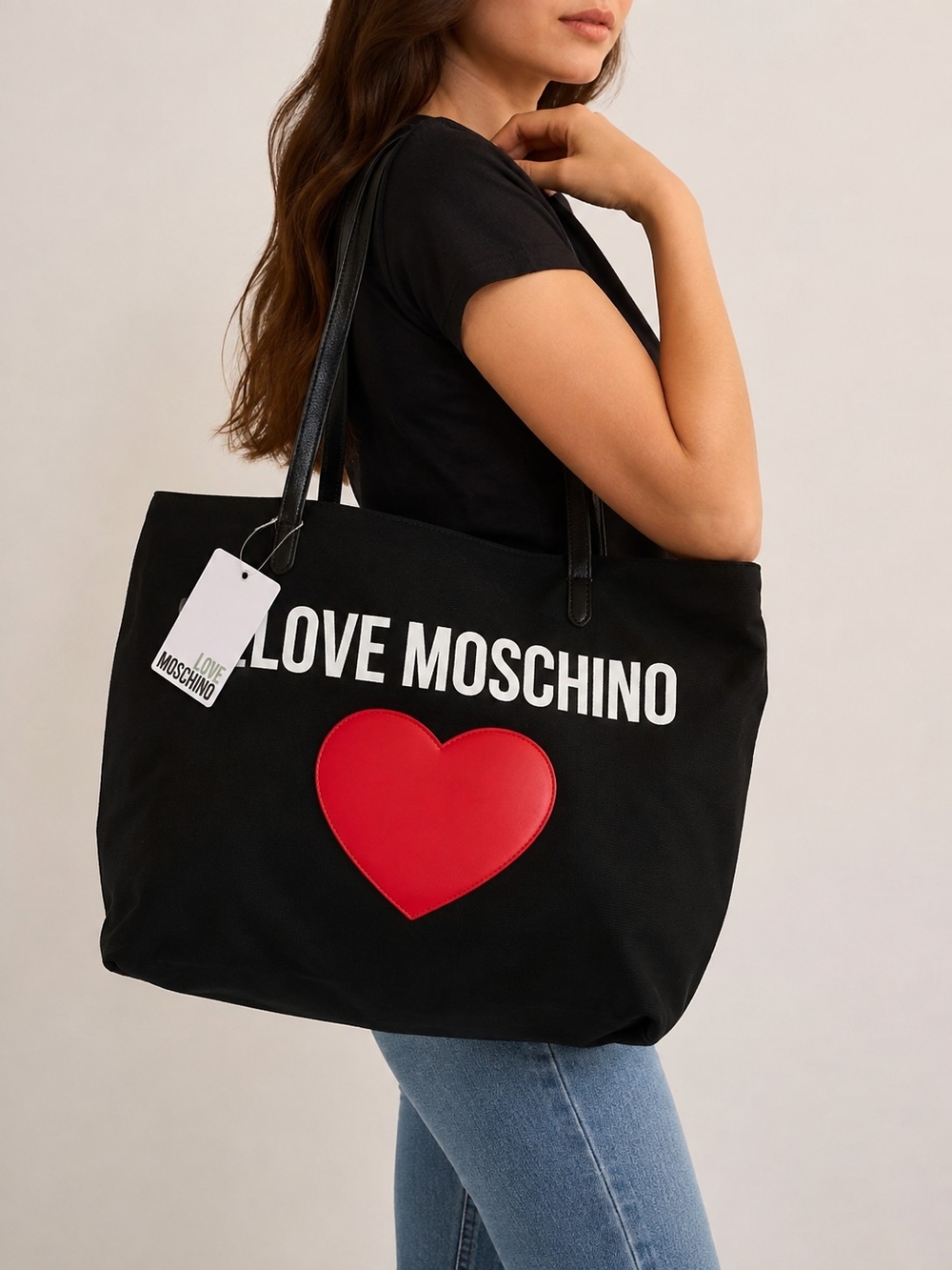 Love Moschino Black Tote Bag with Red Heart